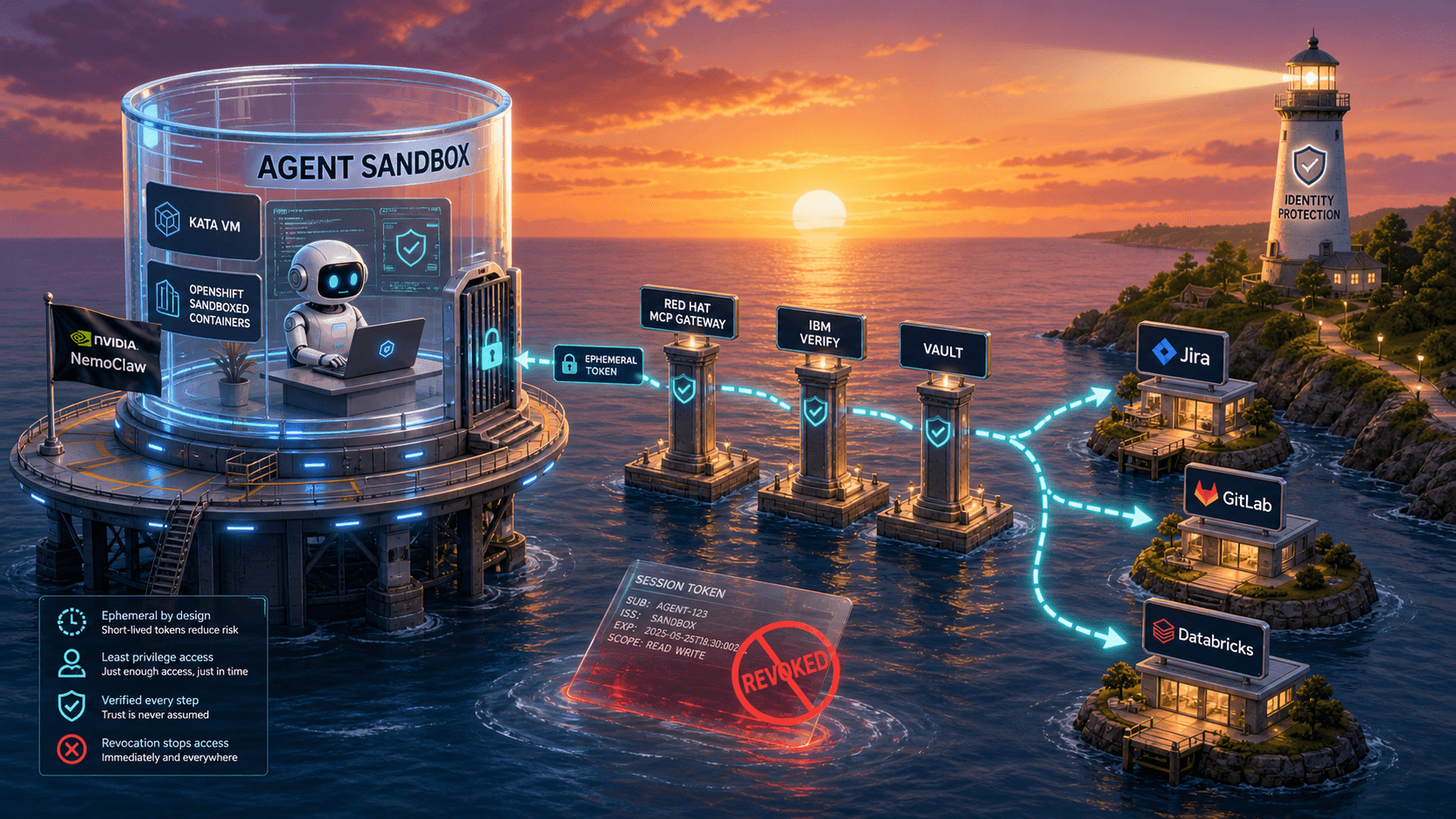 Illustration: a friendly AI robot works at a laptop inside a glass cylinder labeled Agent Sandbox, Kata VM, OpenShift Sandboxed Containers, on a glowing platform in the sea at sunset, flying an NVIDIA NemoClaw flag. A dashed ephemeral-token line leaves a gate door and passes checkpoint pillars for the Red Hat MCP Gateway, IBM Verify, and Vault before reaching Jira, GitLab, and Databricks islands. An Identity Protection lighthouse watches from shore, a revoked session token floats in the water, and a legend lists the four principles: ephemeral by design, least privilege access, verified every step, revocation stops access.